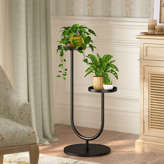 Bamworld Tall Plant Stand Indoor Outdoor, Corner Metal Plant Shelf, 2 Potted Flower Pot Holder for Patio Garden Balcony Living Room Bedroom(Black)