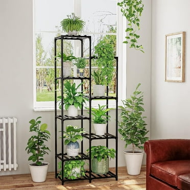 Bamworld Tall Plant Stand Outdoor Black Plant Shelf Indoor Corner Plant Shelf Flower Stands for Living Room Balcony and Garden (9 pots)
