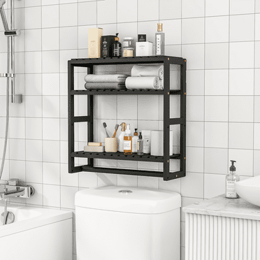 Bamworld Over the Toilet Storage Rack, 3 Tier Bathroom Organizer Shelf Over Toilet, Freestanding Space Saver Toilet Stands Floating Shelves Wall shelf Rustic Bamboo Shelves for Storage （Black）