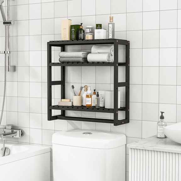 Bamworld Over the Toilet Storage Rack, 3 Tier Bathroom Organizer Shelf Over Toilet, Freestanding Space Saver Toilet Stands Floating Shelves Wall shelf Rustic Bamboo Shelves for Storage （Black）