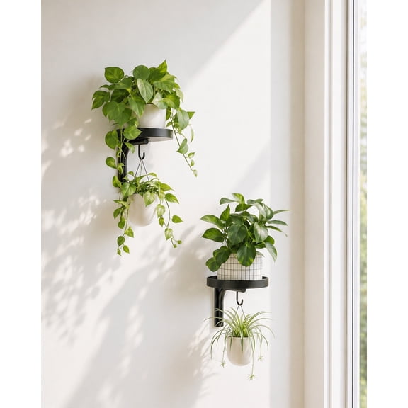 Bamworld Wall Planters for Indoor Plants Set of 2 Metal Wall Mounted Plant Stand 6.3 in Plant Holder Shelf with Pre-Drilled Holes for Living Room, Bedroom, Kitchen, Balcony, Black