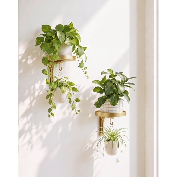 Bamworld Wall Planters for Indoor Plants Set of 2, 6.3 Inch Round Metal Floating Plant Shelves with Raised Tray Gold