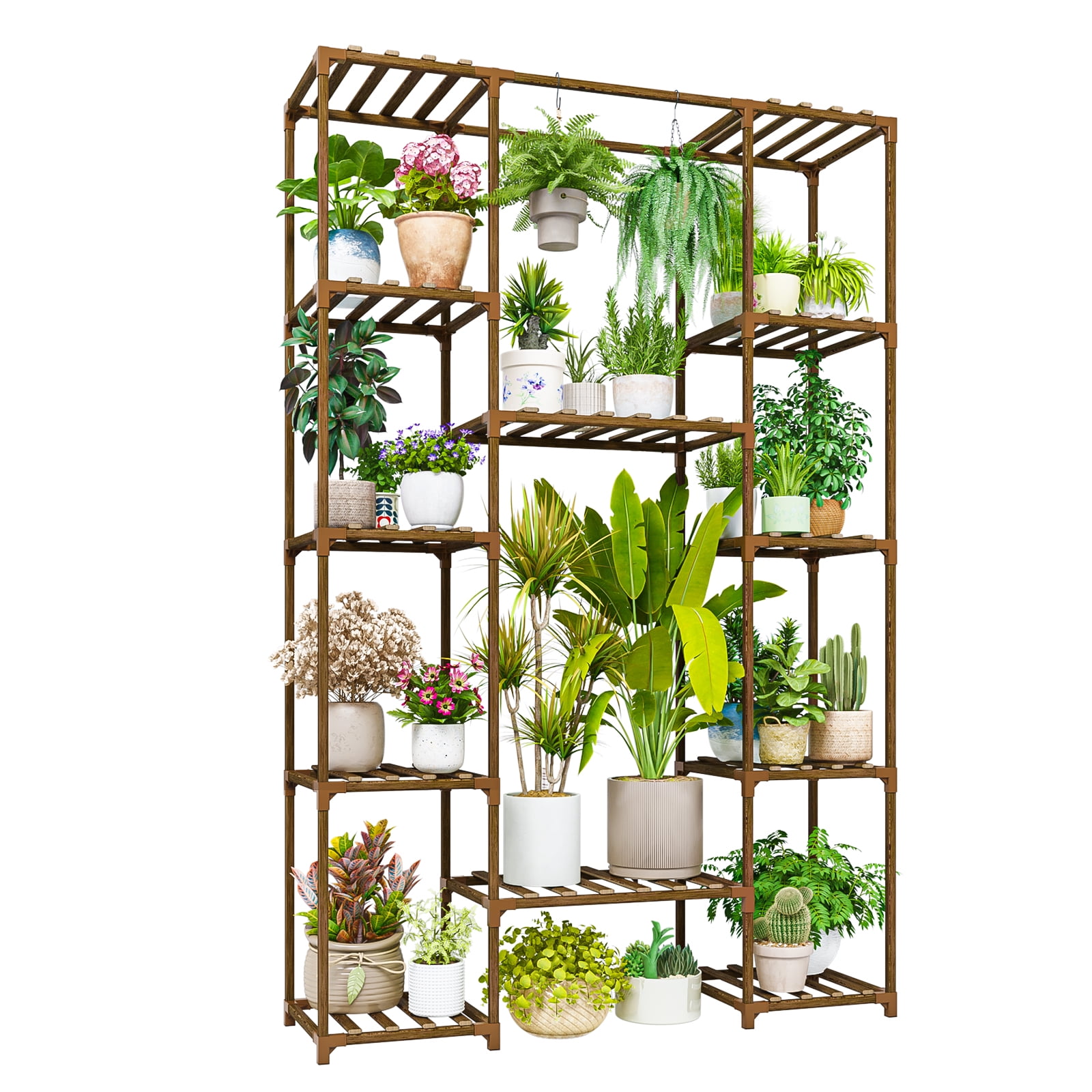 Eucalyptus Wood 62.2" Tall Tiered Plant Stand with Hanging Shelves