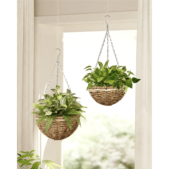 Bamworld Rattan Hanging Planters 2pcs Hand-Woven Wicker Hanging Baskets for Indoor & Outdoor Use, Perfect for Ferns, Pothos, Ivy, and Small Greenery (Natural Brown)