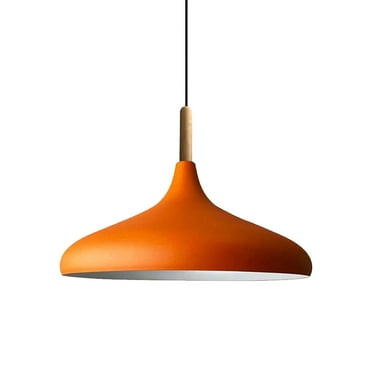 Bamyum Champion Pendant Light with Wooden Accent – 13.7" Diameter, Perfect for Modern Interiors, Orange Hanging Lamp