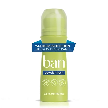 Ban Antiperspirant Deodorant Invisible Roll-On for Women and Men, Powder Fresh, 3.5 oz