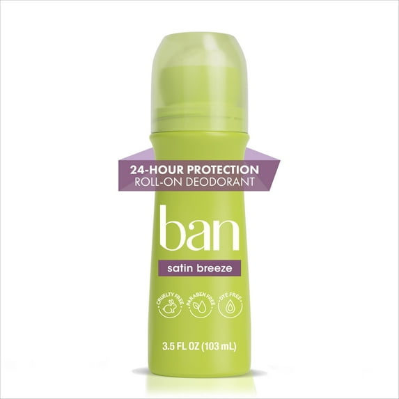 Ban Antiperspirant Deodorant Invisible Roll-On for Women and Men, Satin Breeze, 3.5 oz