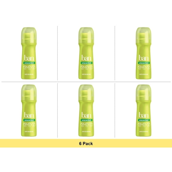 Ban Roll-On Antiperspirant Deodorant, Unscented, 3.5 Oz - 6 Pack Bundle
