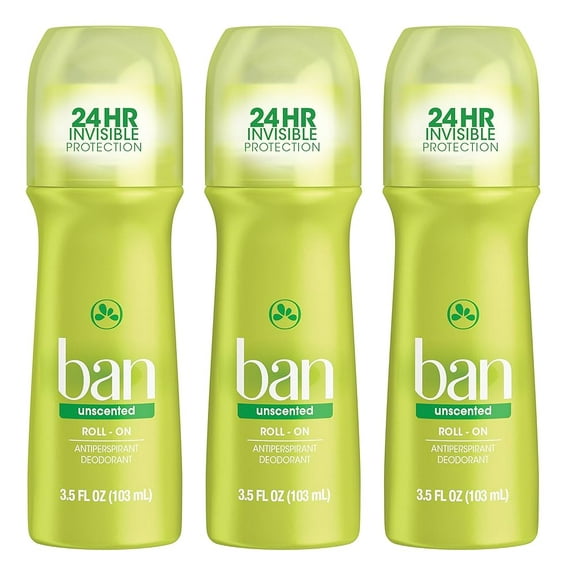 Ban Invisible Roll-On Antiperspirant Deodorant Roll-On 3 Pack with Unscented, 3.5 fl oz