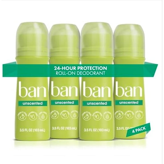 Ban Invisible Roll-On Antiperspirant Deodorant Unscented Roll-On 4 Pack