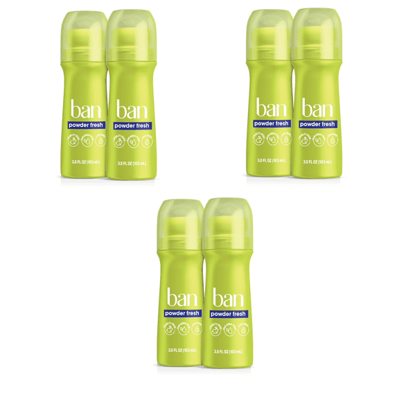 Ban Invisible Roll-On Antiperspirant Deodorant with 24 Hour Protection, Powder Fresh, 6 Pack