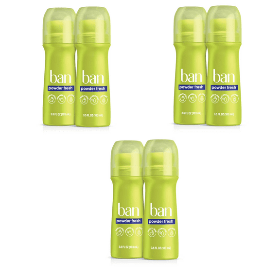 Ban Invisible Roll-On Antiperspirant Deodorant with 24 Hour Protection, Powder Fresh, 6 Pack