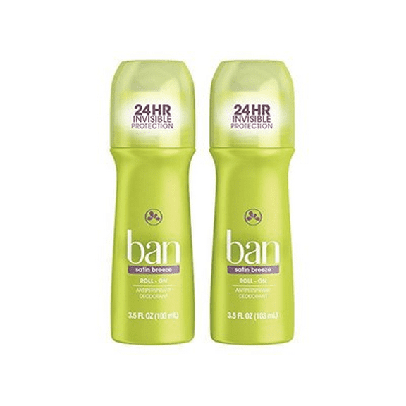 Ban Invisible Roll-On Deodorant for Women, Twin Pack with Satin Breeze Scent, 3.5 fl oz
