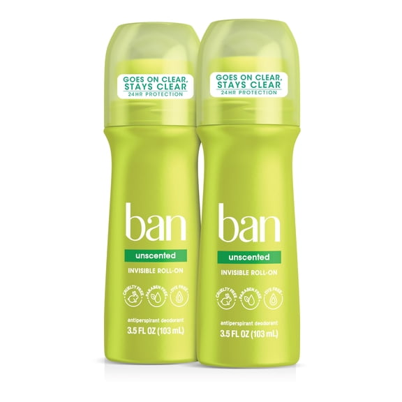Ban Invisible Roll-on Antiperspirant Deodorant for Women and Men, Unscented, 3.5 fl oz/2pk, Value Pack