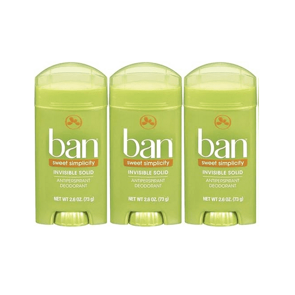 Ban Invisible Solid Antiperspirant Deodorant, 24-Hour Odor & Sweat Protection, Solid 3 Pack with Sweet Simplicity Scent
