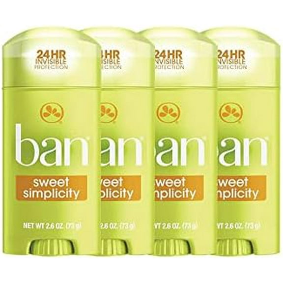 Ban Invisible Solid Antiperspirant Deodorant, 24-Hour Odor & Sweat Protection, Sweet Simplicity, 4 Pack