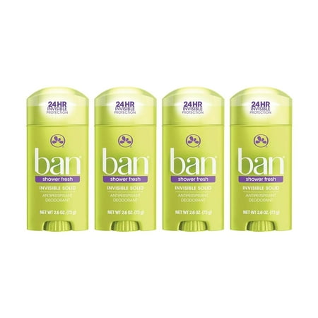 Ban Invisible Solid Antiperspirant Deodorant for Women and Men, 24-Hour Underarm Odor & Sweat Protection, Shower Fresh, 2.6 Oz, Pack of 4