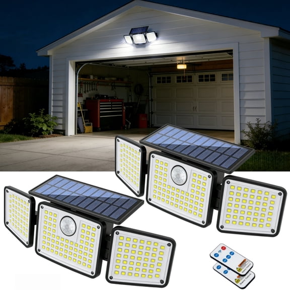 BanBers 164 LED solar outdoor lights, three-head human-sensing lights, 270 wide-angle, IP65, with remote control function. Suitable for courtyards, patios, garages, gardens, holiday walkway lighting