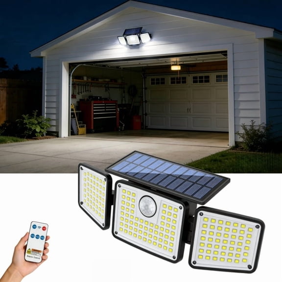 BanBers 164 LED solar outdoor lights, three-head human-sensing lights, 270 wide-angle, IP65, with remote control function. Suitable for courtyards, patios, garages, gardens, holiday walkway lighting