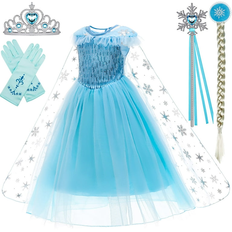 BanKids Princess Dresses Elsa Costume Elsa Dress Up for Toddler Girls  Costume with Wig,Crown,Wand,Gloves 8-9 Years(D56-140) 