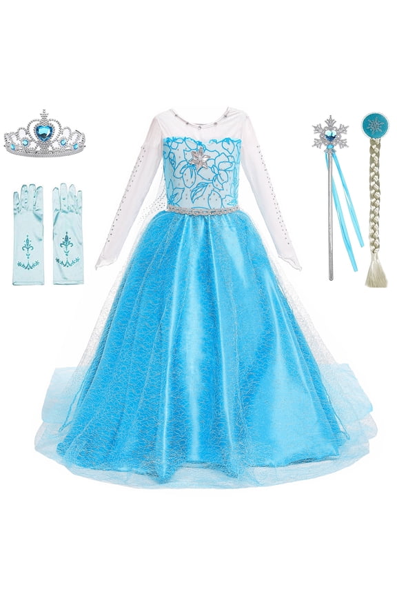 Princess Elsa Costume Elsa Dress Up for Little Girls with Wig,Crown,Wand,Gloves 4T-5T(Q89)