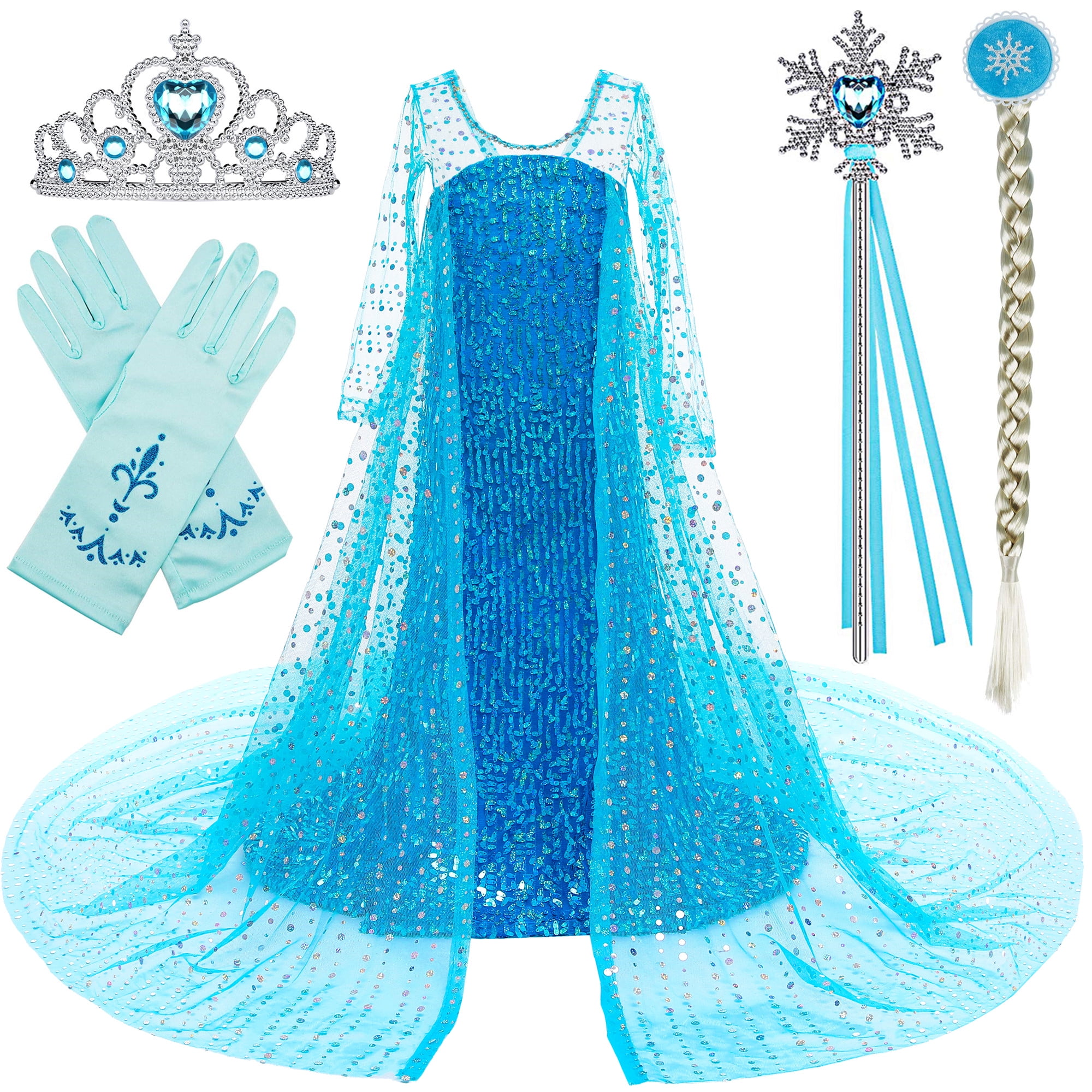 elsa birthday party dress BanKids Princess Frozen Set Costume with Long Cape, Wig, Crown, Wand, Gloves for Girls 7-8 Years (E08 140) COLOR:Elegant Sky Lexi A-line Dress Sewing ss26salewomen handmade with love using