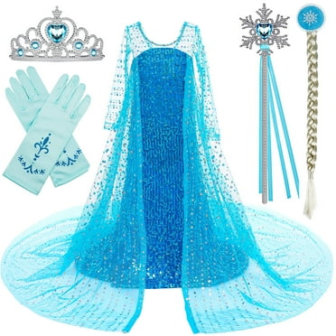 BanKids Princess Elsa Costume Long Cape Birthday Party Elsa Dress Up for Girls with Wig,Crown,Wand,Gloves 5-6 Years(E08 120)