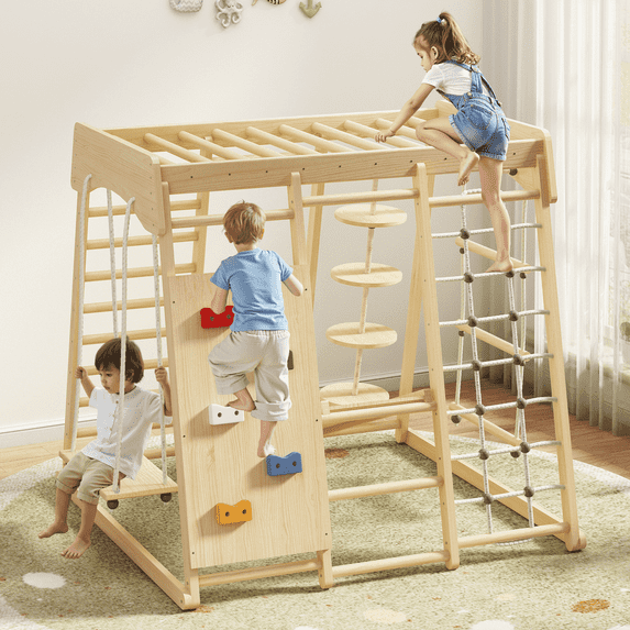 8 in 1 Kids Indoor Playground Jungle Gym Playset, Montessori Large Wooden Climbing Toys Indoor Playhouse for Toddlers, Climber with Slide and Swing, Age 3-8