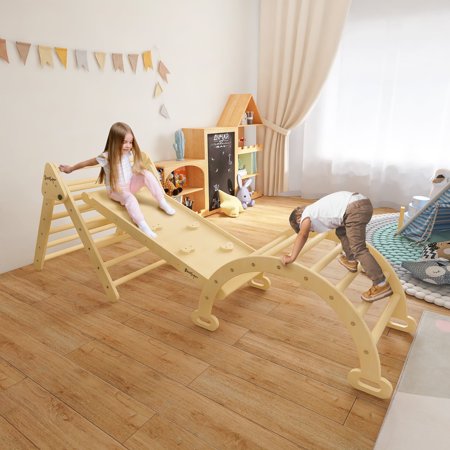 BanaSuper Large 3 in 1 Climbing Triangle Ladder with Ramp & Arch Foldable Wooden Climbing Triangle Set Montessori Climbing Toys for Baby Ourdoor Indoor Playground Play Gym