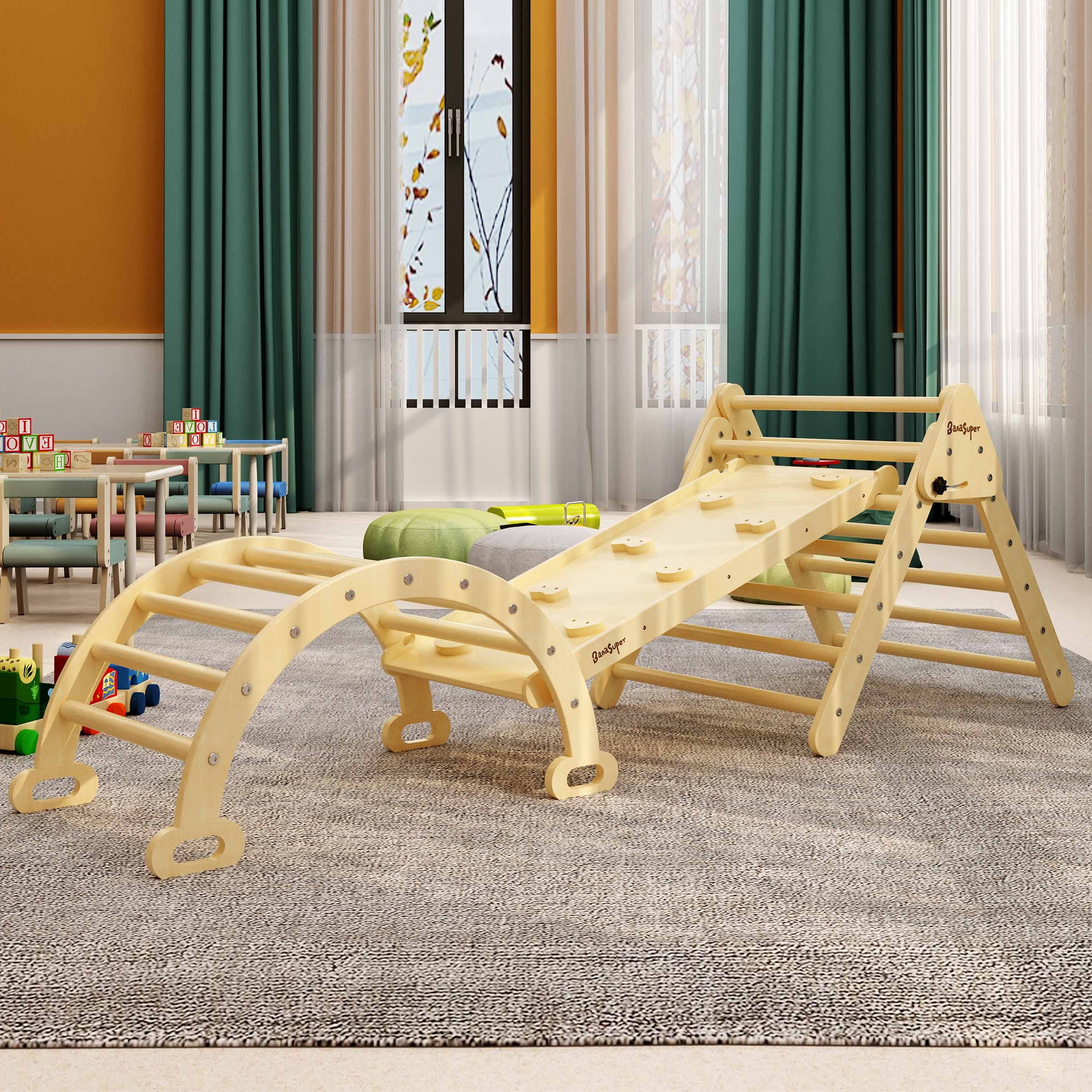 BanaSuper 3 in 1 Large Wooden Climbing Triangle Set with Ramp & Arch ...