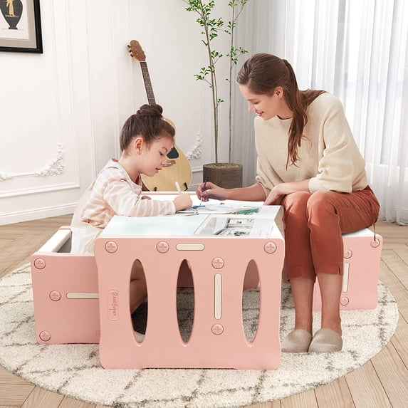 BanaSuper Toddler Table and Chair Set Plastic Activity Table for Toddlers -Pink