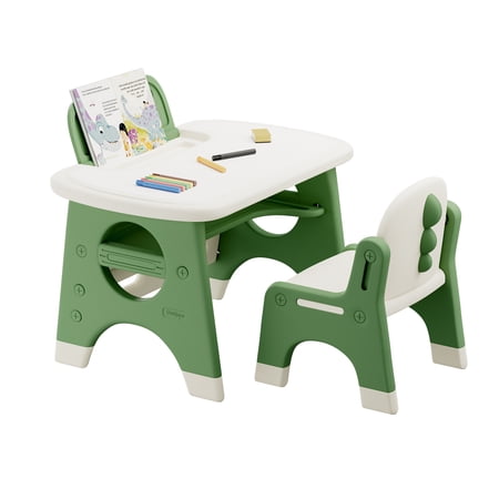 BanaSuper Toddler's Drawing Table and Chair Set with Erasable Board Watercolor Pens Plastic Activity Table for Toddlers Children Desk-Green
