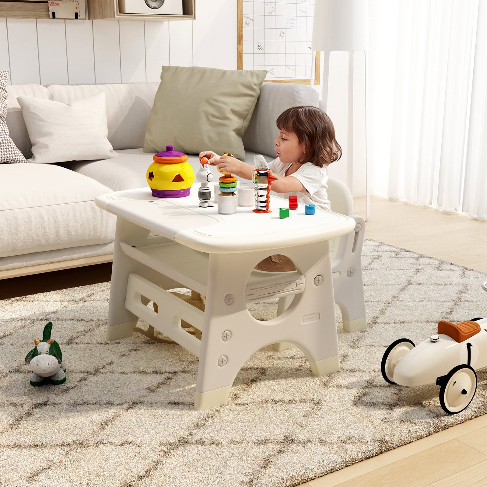 Kids Wooden Storage Table and Chair, Kids Wood Drawing Table, White & Gray,  Set of 3 - Walmart.com