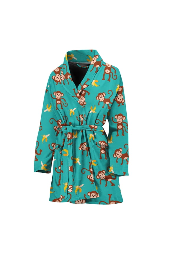 Banana And Monkey Pattern Women Bathrobe One Size Univeral Fits, Monkey Fashion Lightweight Plush Fleece Long Robe For Women