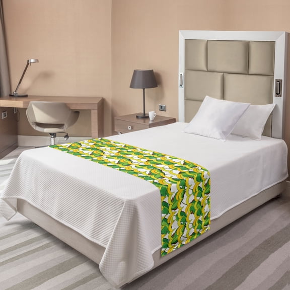 Banana Bed Runner, Tropical Fruits on Leaves Aloha Vibes Exotic Summer Pattern Repetition, Decorative Accent Bedding Scarf for Hotels Homes and Guestrooms, Twin, Yellow Lime Green, by Ambesonne