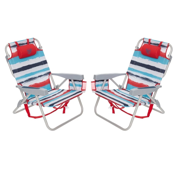 Banana Boat Backpack Beach Chair - Lightweight Aluminum Folding Chair for Adults 5-Position with Lay Flat Adjustable Recline, Headrest Pillow, Insulated Back Pocket & Cup Holder, Red Multi (2 Pack)