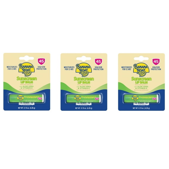 Banana Boat Aloe Vera with Vitamin E Sunscreen Lip Balm, SPF 45, 0.15 Ounces Each (Value Pack of 3)