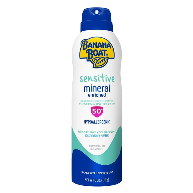 Banana Boat Sensitive Mineral Enriched 50 SPF Sunscreen Spray, 6 Oz, No Oxybenzone & Parabins
