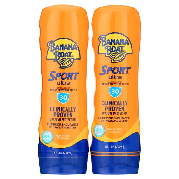 2-pack 8 ounce banana boat water resistant sport performance broad spectrum spf 30 sunscreen lotion (2 bottles for 16 ounces total) swim splash sport - up to 80 minutes water resistant