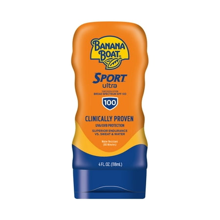 Banana Boat Sport Ultra Sunscreen Lotion 4 Oz, 100 SPF Sunblock, Water Resistant (80 Minutes), Superior Endurance VS Sweat And Water