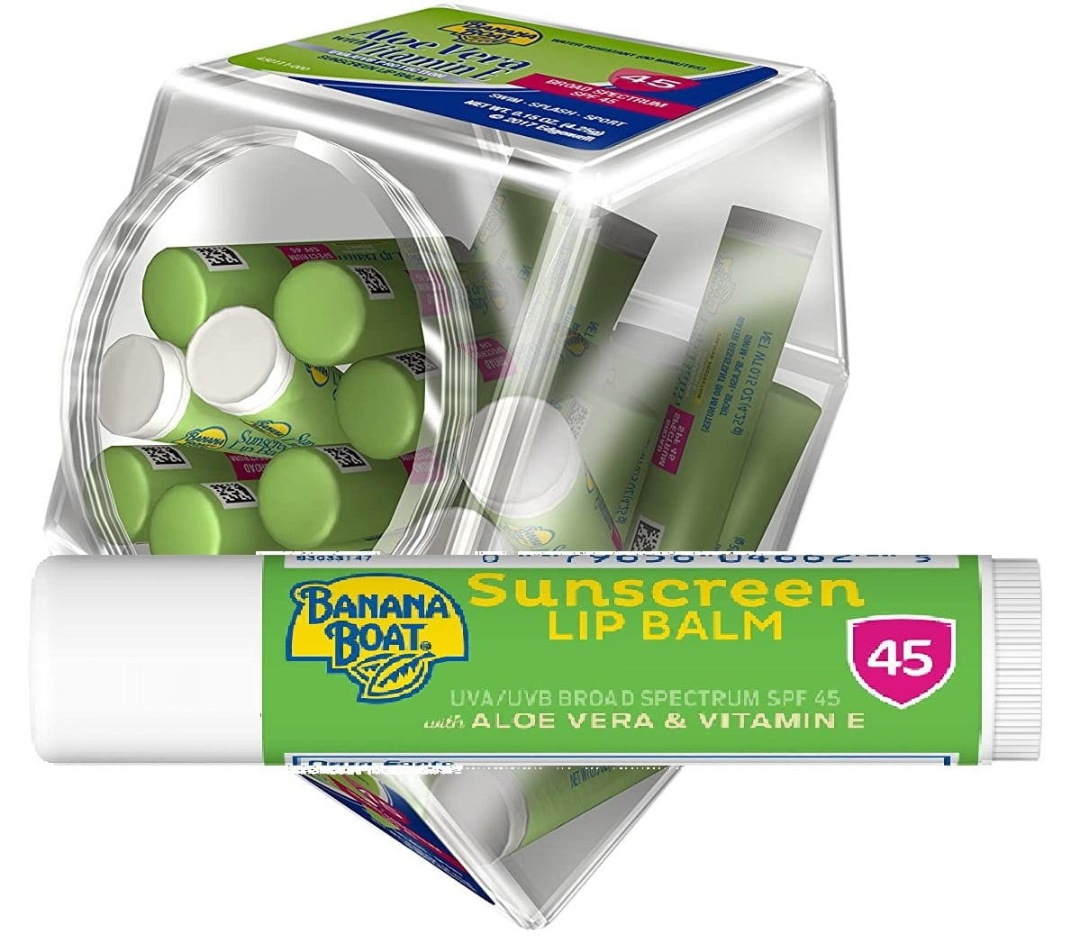 Banana Boat Sunscreen Aloe Vera with Vitamin E Broad Spectrum Sun Care Sunscreen Lip Balm - SPF 45, 0.15 Ounce (Pack of 24)