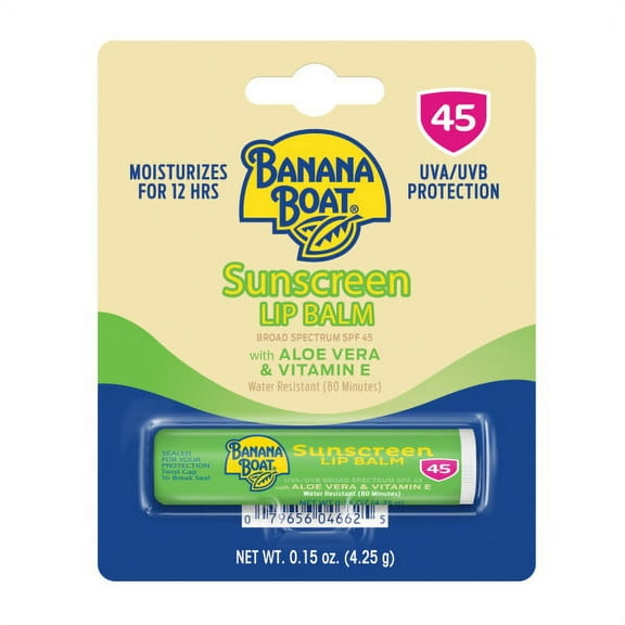 Banana Boat Sunscreen Lip Balm with Aloe Vera and Vitamin E SPF 45 0.15 oz (Pack of 3)