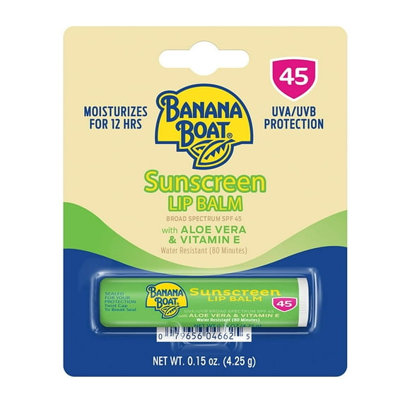 Banana Boat with Aloe Vera and Vitamin E UVA/UVB Protection Sunscreen Lip Balm, Broad Spectrum SPF 45, 0.15 Oz (Pack of 12)