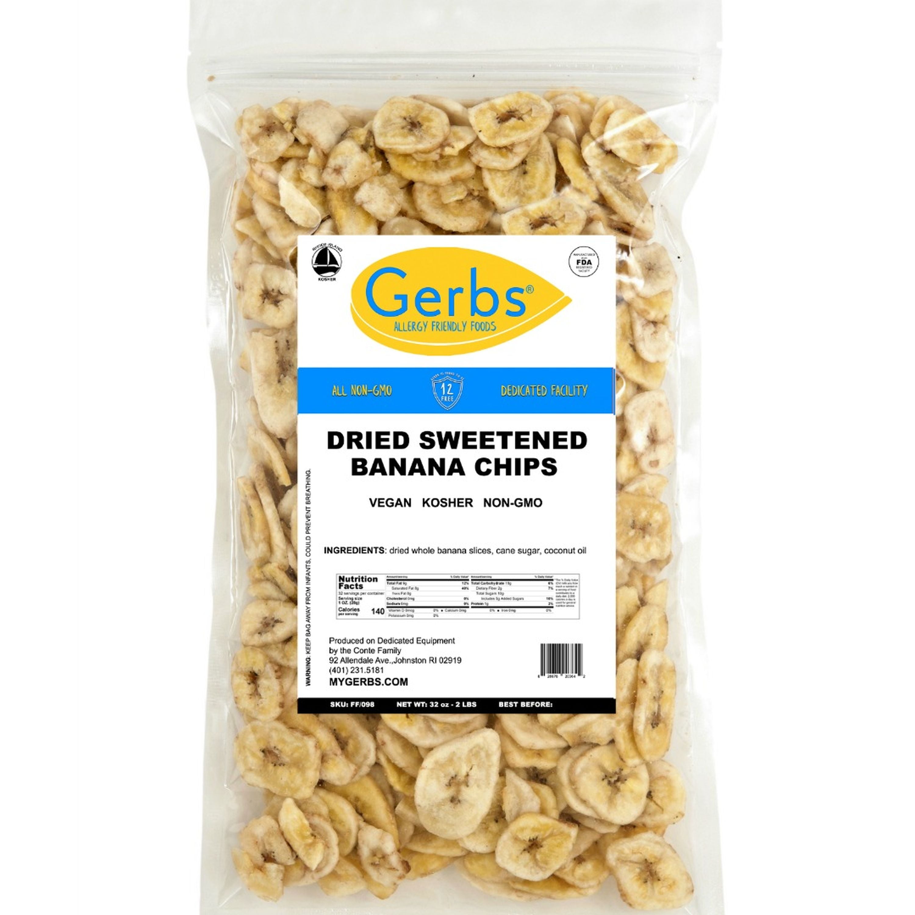Banana Chips by Gerbs - 2 LBS - Sweetened - Unsulfured - Top 14 Food Allergen Free & NON GMO