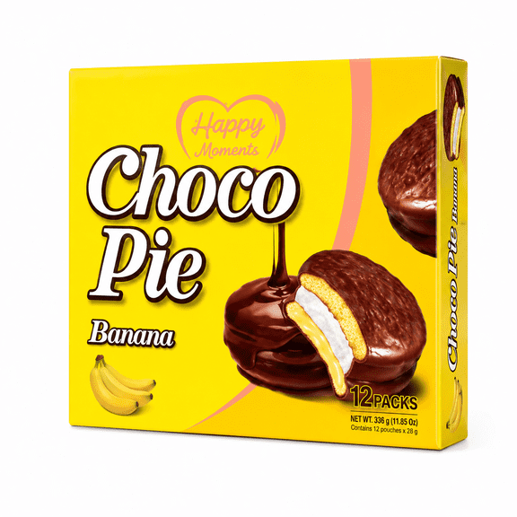 Banana Choco Pie Snack Cakes, 12 Individually Wrapped Korean Dessert Cakes, Chocolate Covered Soft Cake with Banana Cream Filling, Korean Snack Treat, 11.85 oz