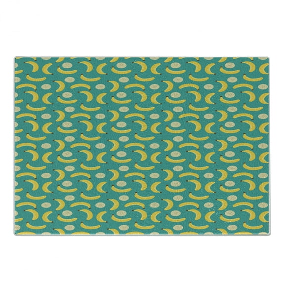 Banana Cutting Board, Pattern of Whole and Sliced Fruit Elements Scattered, Decorative Tempered Glass Cutting and Serving Board, in 3 Sizes, by Ambesonne