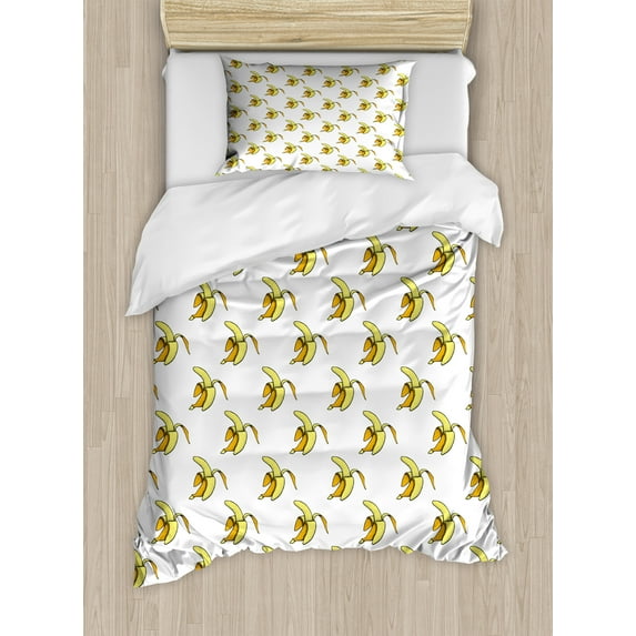 Banana Duvet Cover Set, Abstract Pattern of Vintage Peeled Dotted Fruit Print, Decorative 2 Piece Bedding Set with 1 Pillow Shams, Twin Size, Yellow Orange, by Ambesonne