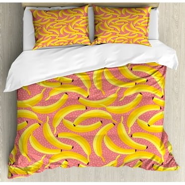 Banana Duvet Cover Set, Modern Exotic Fruits on a Background of Small Polka Dots, Decorative 3 Piece Bedding Set with 2 Pillow Shams, Calking Size, Pastel Pink Yellow, by Ambesonne