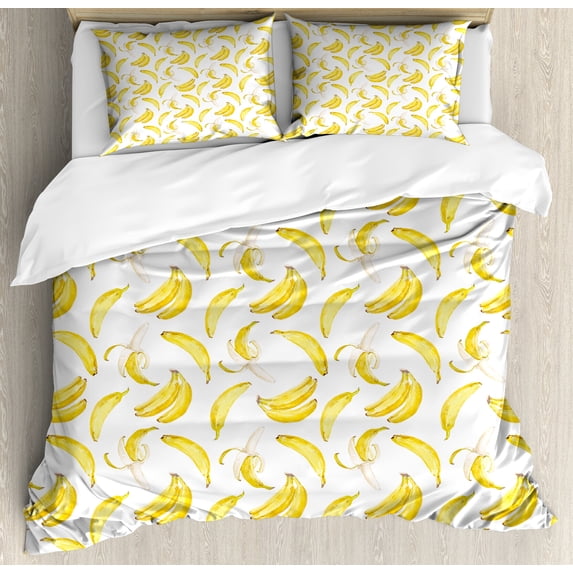 Banana Duvet Cover Set, Repeated Pattern Watercolor Design Fruit Sketch on Plain Background, Decorative 3 Piece Bedding Set with 2 Pillow Shams, Queen Size, White and Pastel Yellow, by Ambesonne