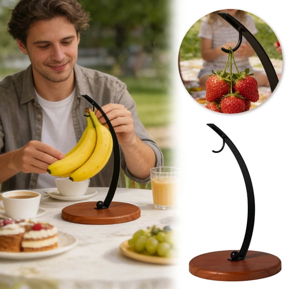 Banana Hanger Sturdy Fruit Hook Fresh Keeping Rack Wooden Base Holder Desktop Tidy Stand Grape Storage Hanging Gear ,Brown - One Size